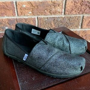 TOMS Youth Slip on Alpargata Black Glitter Shoes